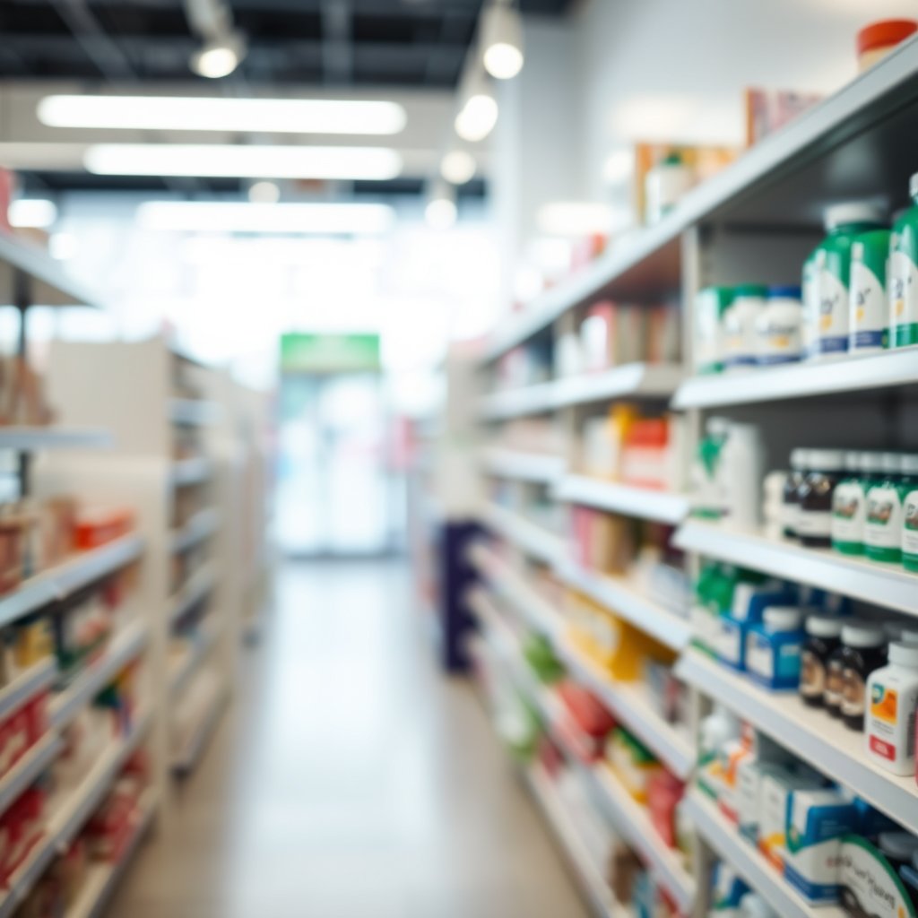 abstract pharmacy store interior shelves, soft natural light, shallow depth of field, bokeh