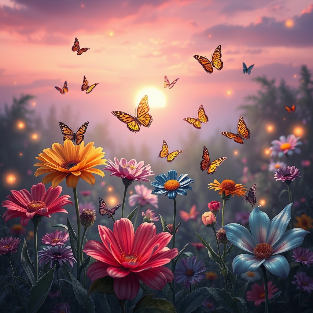 A beautiful fantasy garden symbolizing friendship, several colorful flowers blooming together, butterflies flying around, warm sunset light, glowing fireflies, soft pink and purple sky, peaceful and emotional atmosphere, whimsical digital painting, highly detailed, magical realism, 4K, moody lighting, high contrast, fine art photography