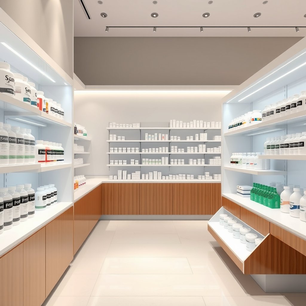 abstract pharmacy store interior shelves, minimalist composition, clean background, elegant