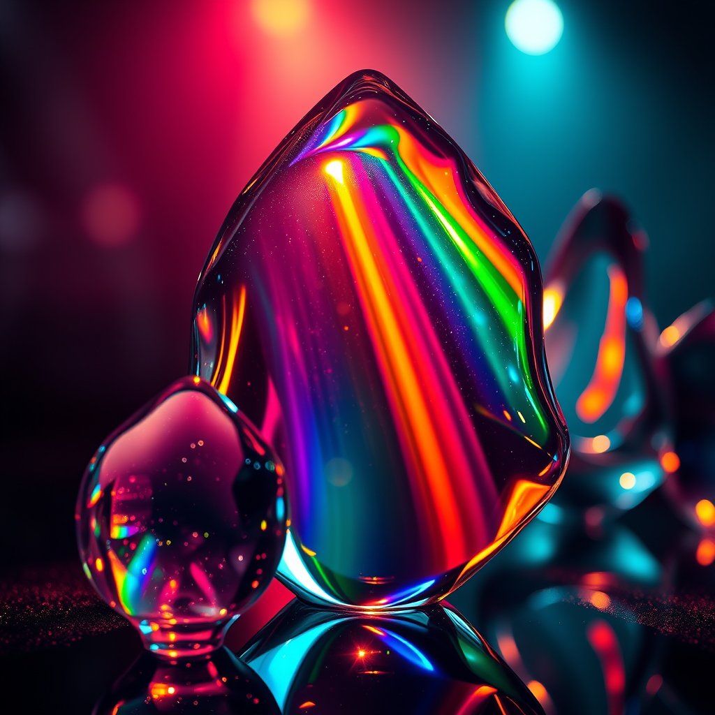 an abstract glass shapes with rainbow refraction, cinematic lighting, vibrant colors, dramatic atmosphere