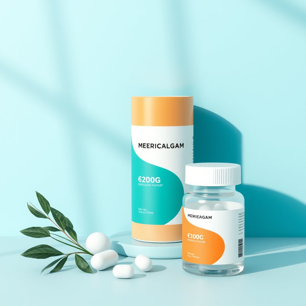 abstract medicine pharmacy product packaging, minimalist composition, clean background, elegant