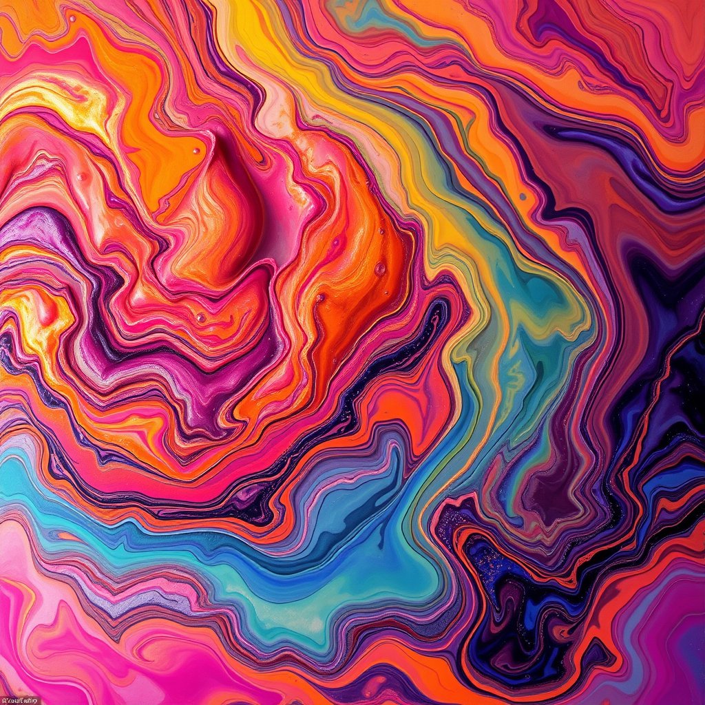 a vibrant fluid art with swirling paint colors, golden hour lighting, warm tones, atmospheric