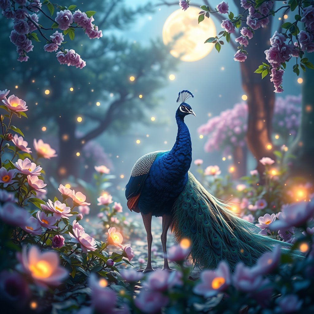 A majestic peacock standing in a mystical Vrindavan-inspired garden, surrounded by blooming flowers and glowing particles, soft moonlight, lush greenery, dreamy blue and purple atmosphere, elegant feathers with intricate details, peaceful divine feeling, fantasy digital art, cinematic lighting, ultra detailed, highly detailed, 8k, professional photography, sharp focus