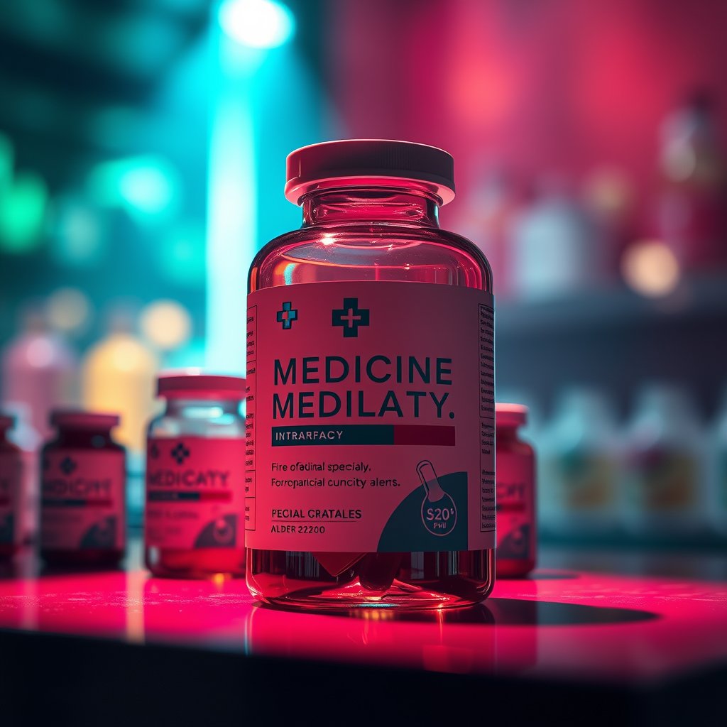 abstract medicine pharmacy product packaging, cinematic lighting, vibrant colors, dramatic atmosphere
