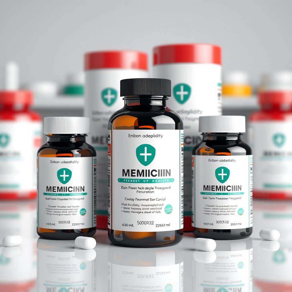 abstract medicine pharmacy product packaging, ultra realistic, crisp details, studio quality