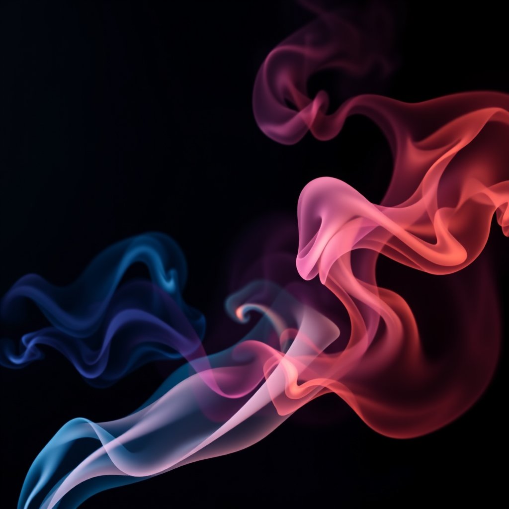 colorful smoke swirls on a dark background, minimalist composition, clean background, elegant