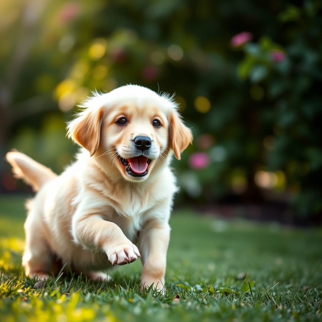 a playful golden retriever puppy in a garden, soft natural light, shallow depth of field, bokeh