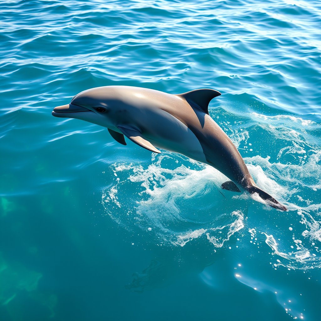 a dolphin jumping out of clear blue ocean water, ultra realistic, crisp details, studio quality