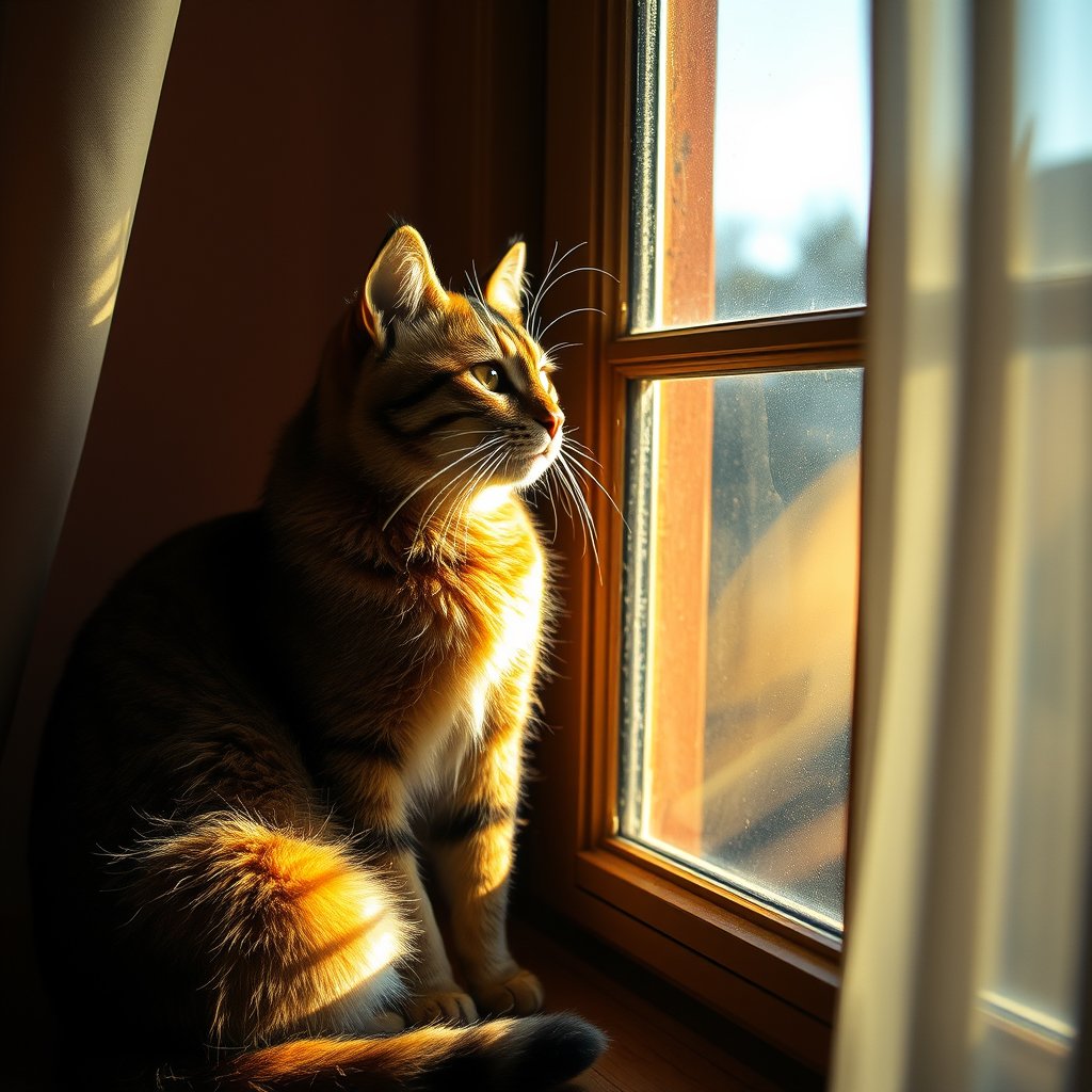 a curious cat sitting by a sunny window, cinematic lighting, vibrant colors, dramatic atmosphere
