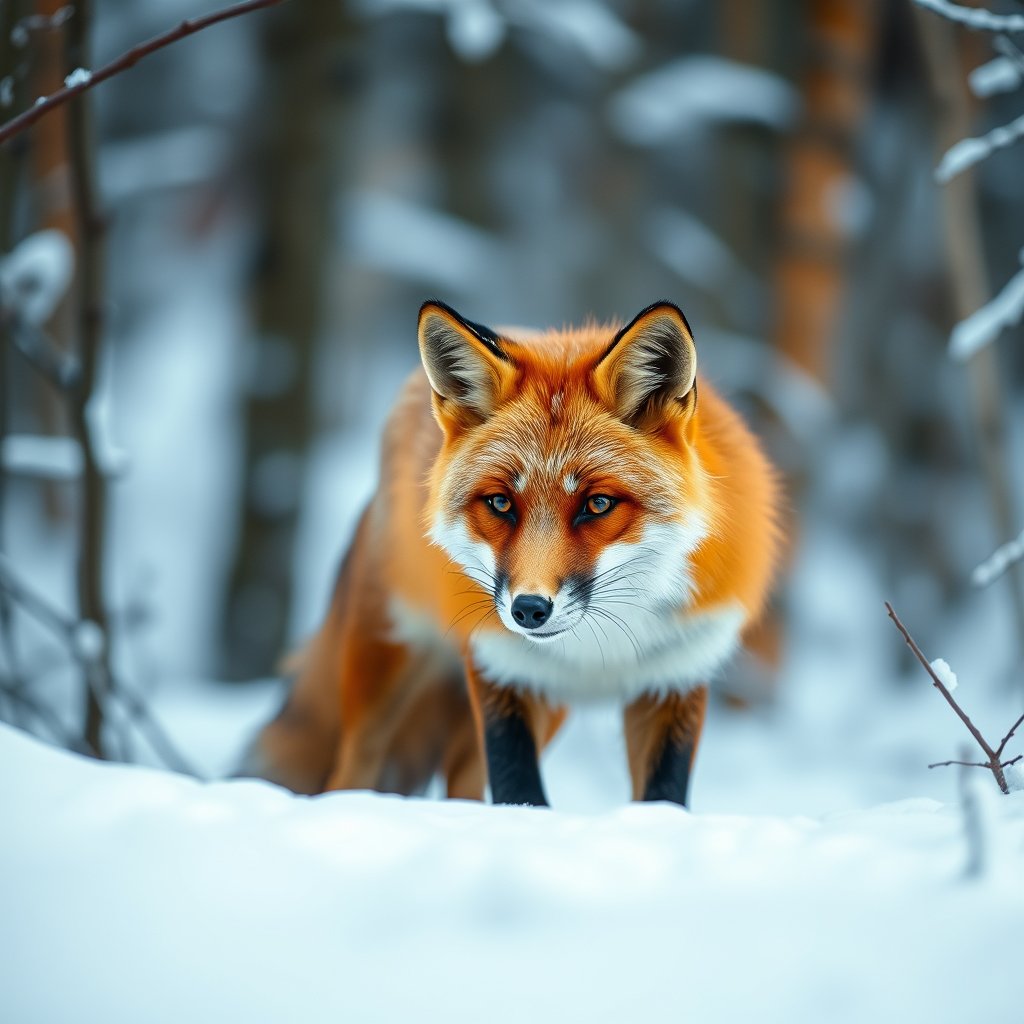 a majestic red fox in a snowy forest, highly detailed, 8k, professional photography, sharp focus