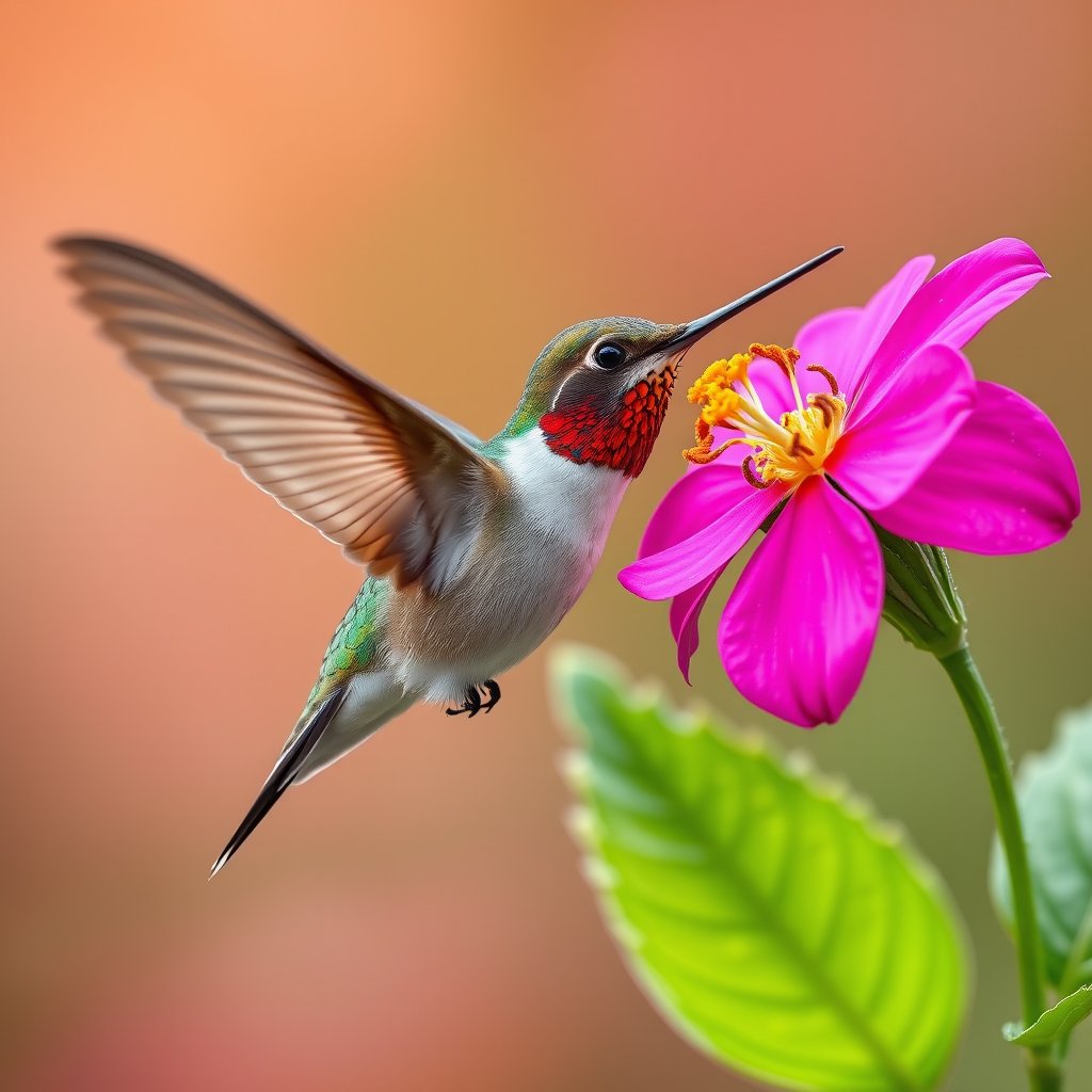 a hummingbird hovering near a bright flower, highly detailed, 8k, professional photography, sharp focus