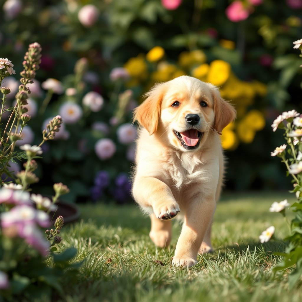a playful golden retriever puppy in a garden, bright and airy, pastel tones, dreamy aesthetic