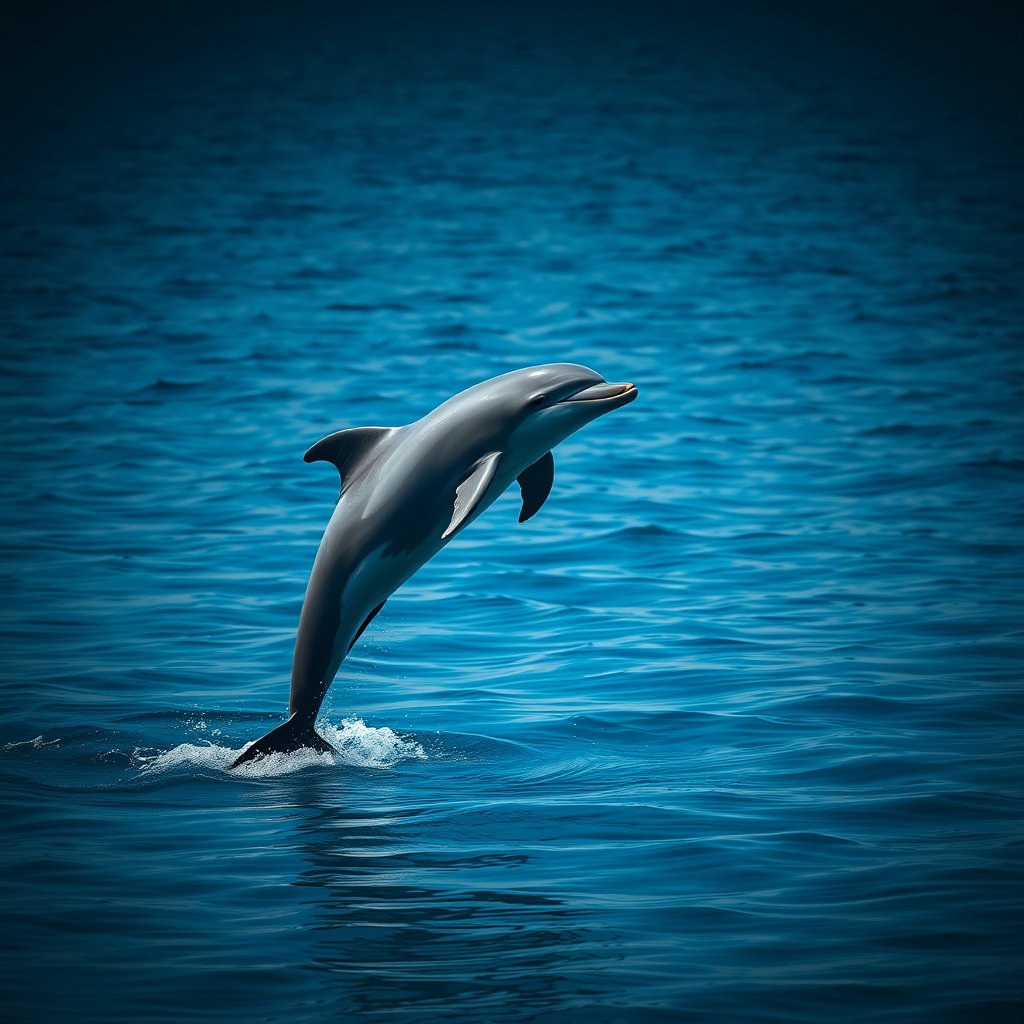 a dolphin jumping out of clear blue ocean water, moody lighting, high contrast, fine art photography