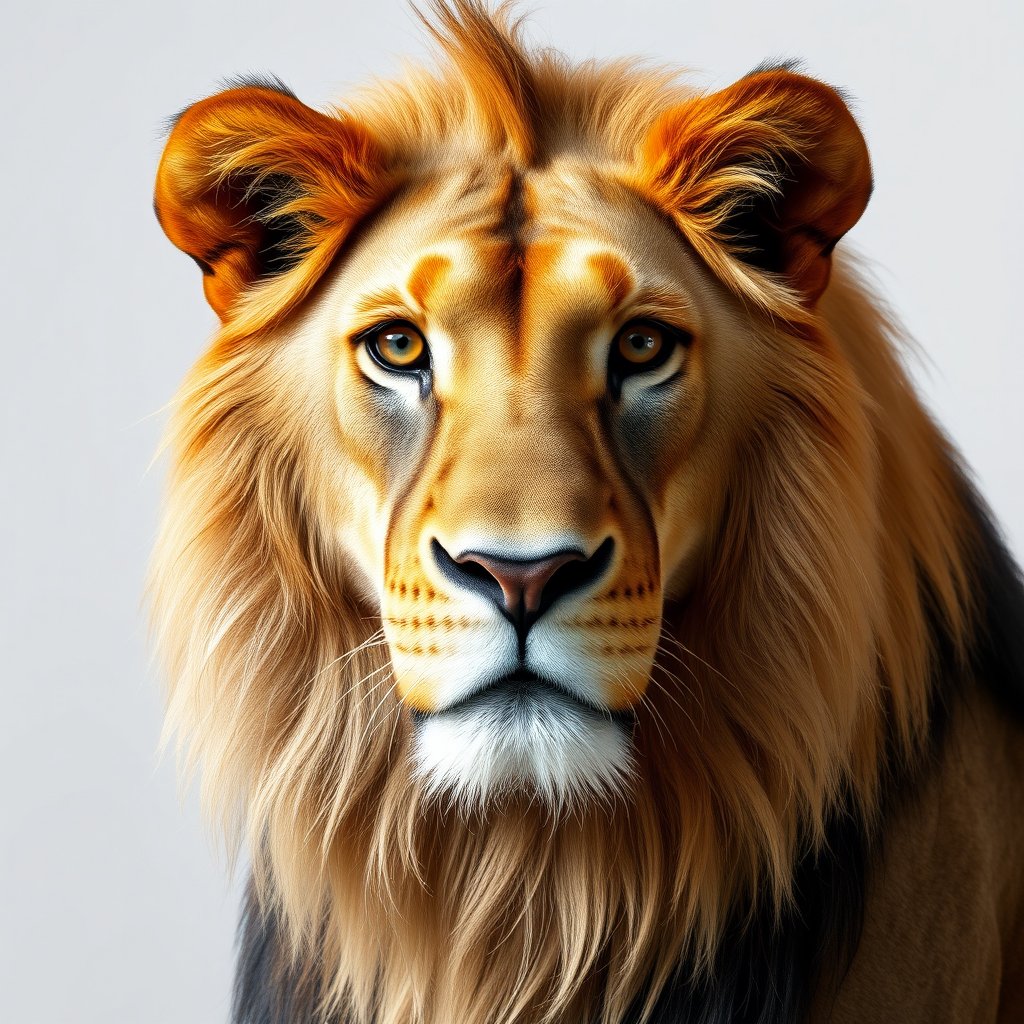 a close-up portrait of a lion with a golden mane, minimalist composition, clean background, elegant