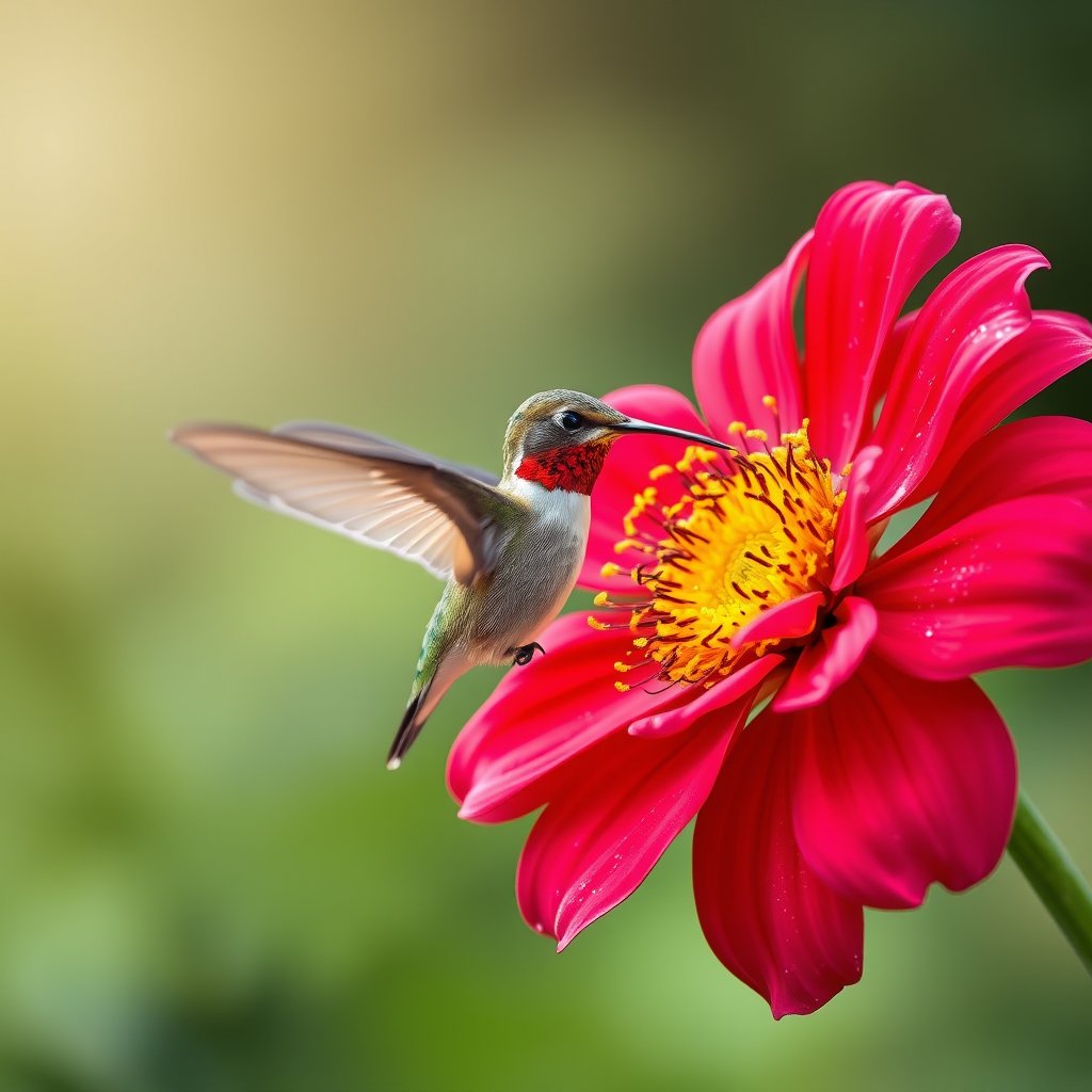 a hummingbird hovering near a bright flower, soft natural light, shallow depth of field, bokeh