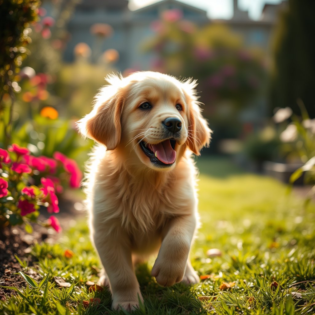 a playful golden retriever puppy in a garden, cinematic lighting, vibrant colors, dramatic atmosphere