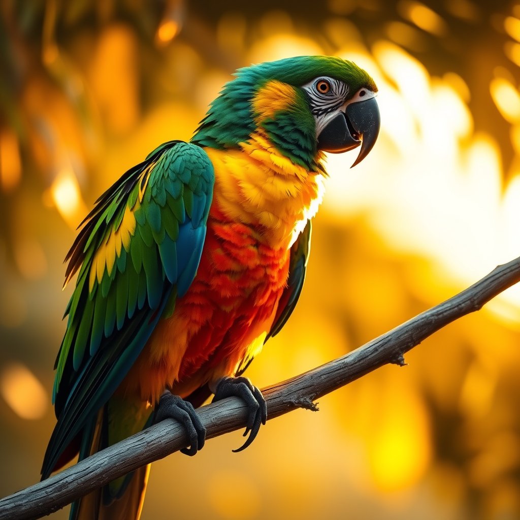 a colorful tropical parrot on a branch, golden hour lighting, warm tones, atmospheric