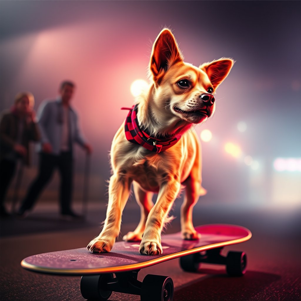 epic, cool, gangster,dog on a skateboard, cinematic lighting, vibrant colors, dramatic atmosphere