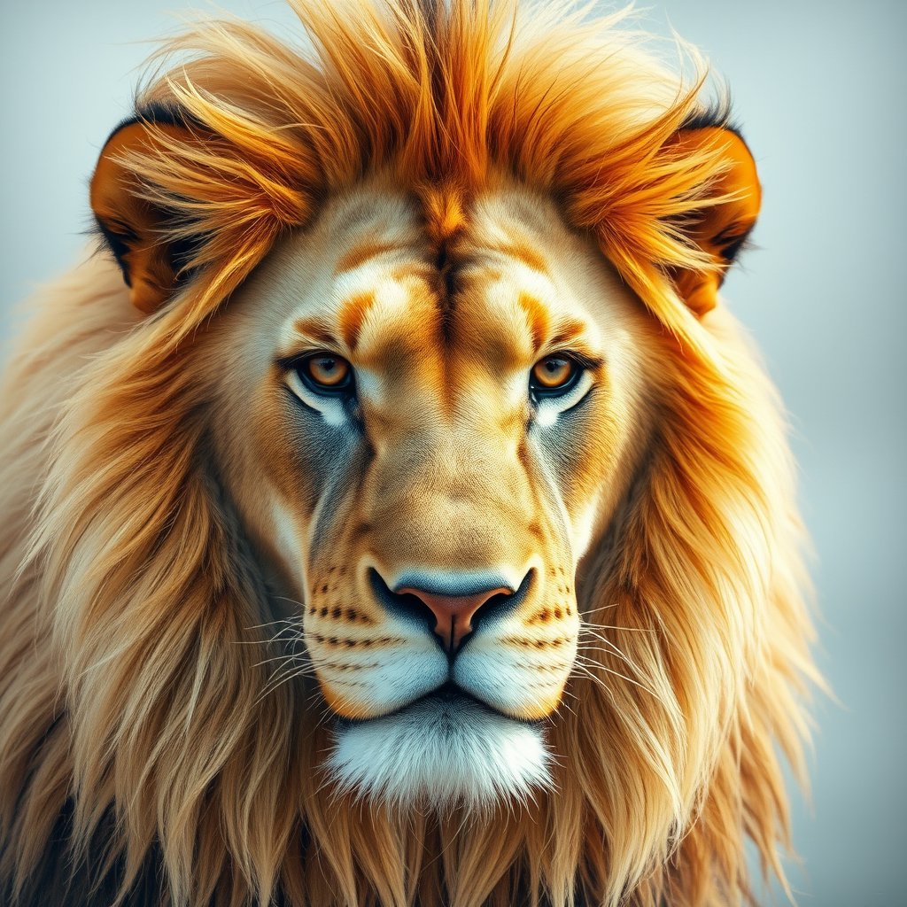 a close-up portrait of a lion with a golden mane, bright and airy, pastel tones, dreamy aesthetic