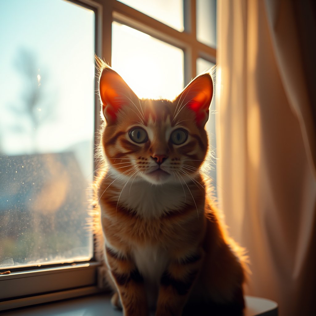 a curious cat sitting by a sunny window, cinematic lighting, vibrant colors, dramatic atmosphere