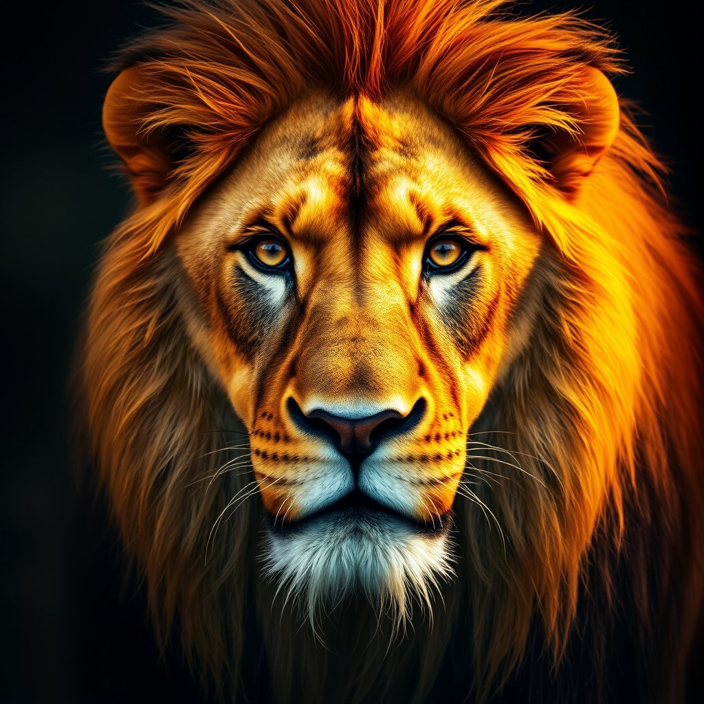 a close-up portrait of a lion with a golden mane, cinematic lighting, vibrant colors, dramatic atmosphere