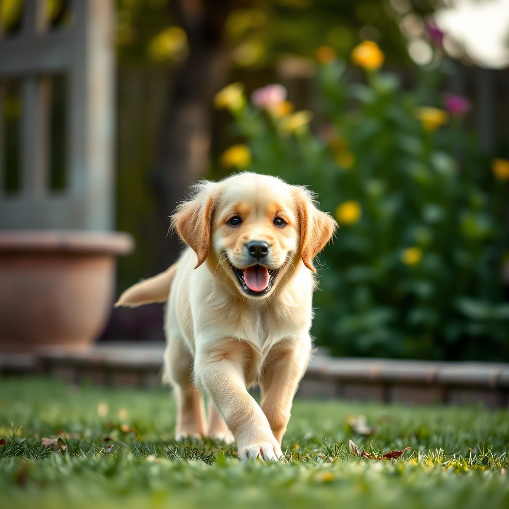 a playful golden retriever puppy in a garden, soft natural light, shallow depth of field, bokeh