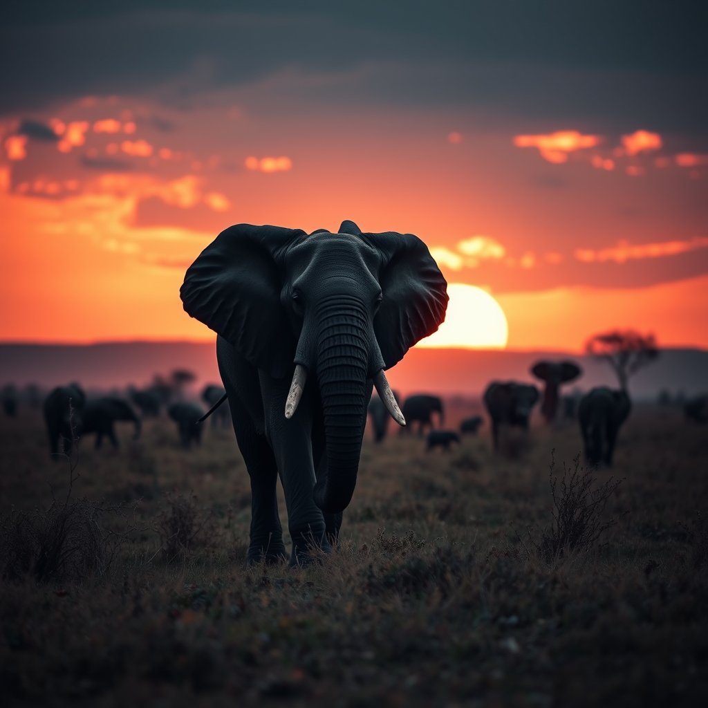 an elephant walking across the african savanna at sunset, moody lighting, high contrast, fine art photography