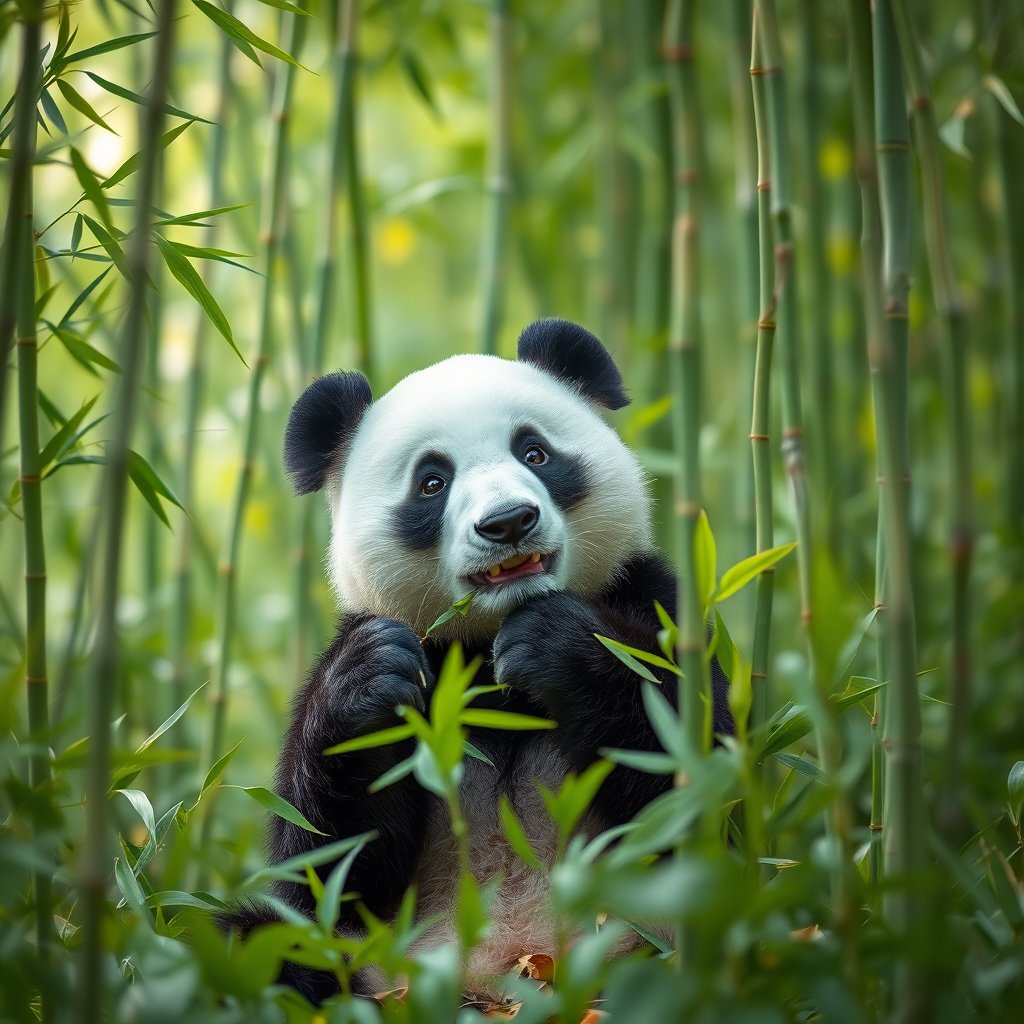 a panda eating bamboo in a green forest, bright and airy, pastel tones, dreamy aesthetic
