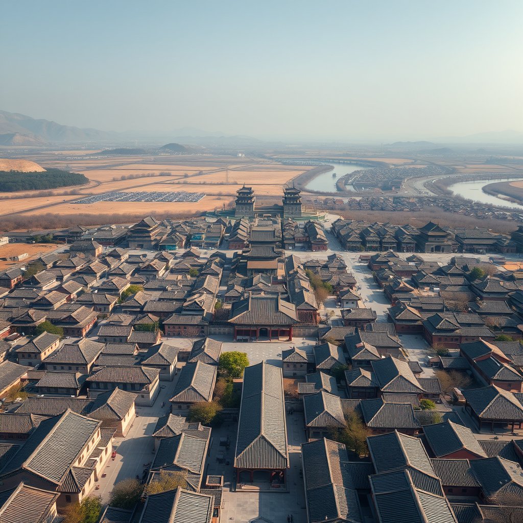 Photorealistic civilian drone aerial photo of Xi'an, with orderly city blocks, traditional roof forms, ancient-wall atmosphere and a dry northern landscape. near-vertical top-down drone view, geometric streets, roofs, vegetation and water, natural midday light. Realistic Chinese architecture and terrain, believable scale. Conceptual, not onsite. No close people, aircraft, readable signs, text, logo, watermark, fantasy or extreme HDR., minimalist composition, clean background, elegant