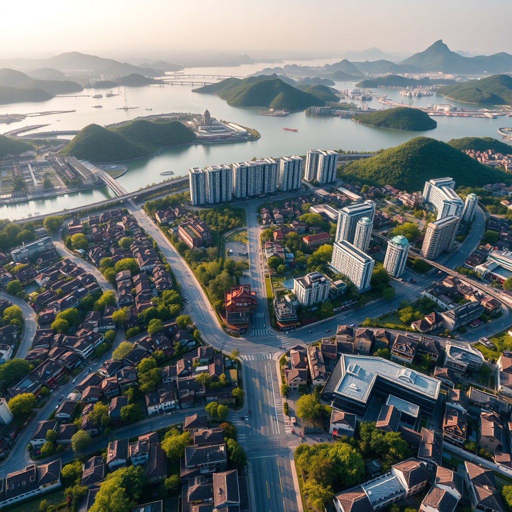 Photorealistic civilian drone aerial photo of Hangzhou, with West Lake atmosphere, waterways, green hills and elegant modern urban blocks. near-vertical top-down drone view, geometric streets, roofs, vegetation and water, natural midday light. Realistic Chinese architecture and terrain, believable scale. Conceptual, not onsite. No close people, aircraft, readable signs, text, logo, watermark, fantasy or extreme HDR., cinematic lighting, vibrant colors, dramatic atmosphere