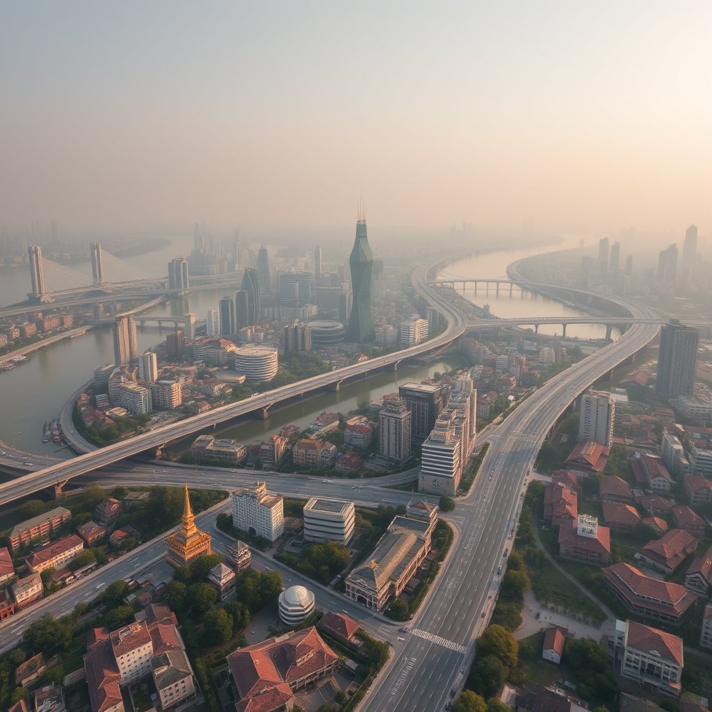 Photorealistic civilian drone aerial photo of Wuhan, with broad rivers, major bridges, lakes, dense city blocks and humid central-China atmosphere. 45-degree oblique drone view, rooftops, roads and a layered skyline, soft morning daylight. Realistic Chinese architecture and terrain, believable scale. Conceptual, not onsite. No close people, aircraft, readable signs, text, logo, watermark, fantasy or extreme HDR., ultra realistic, crisp details, studio quality