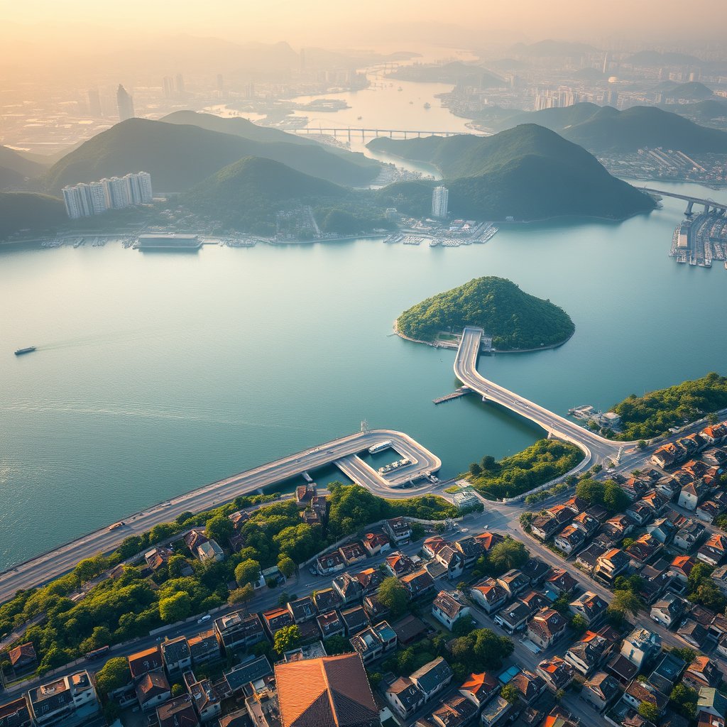 Photorealistic civilian drone aerial photo of Xiamen, with island coastline, tropical greenery, sea bridges and compact waterfront neighborhoods. 45-degree oblique drone view, rooftops, roads and a layered skyline, soft morning daylight. Realistic Chinese architecture and terrain, believable scale. Conceptual, not onsite. No close people, aircraft, readable signs, text, logo, watermark, fantasy or extreme HDR., golden hour lighting, warm tones, atmospheric