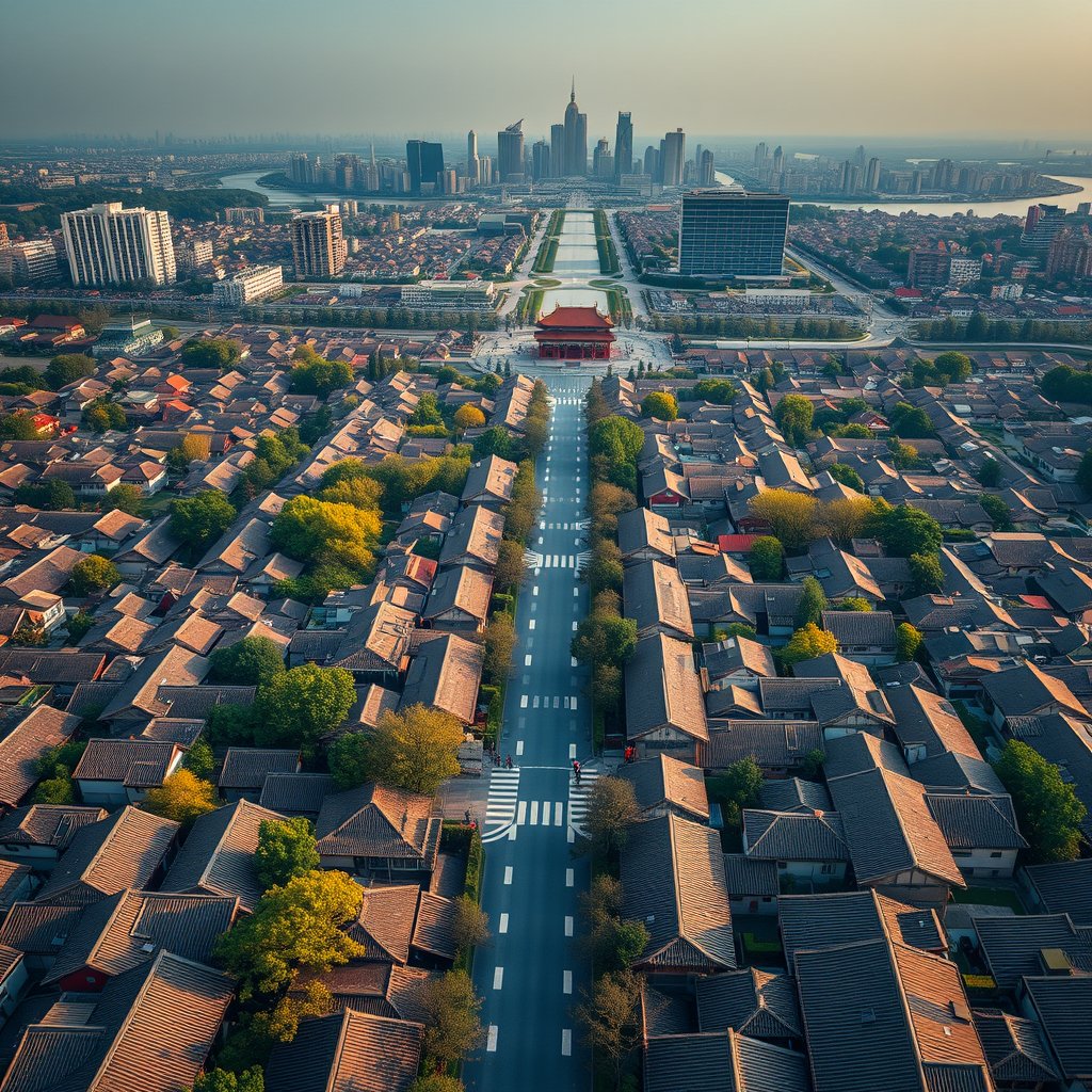 Photorealistic civilian drone aerial photo of Beijing, with hutong roof patterns, tree-lined avenues and a restrained modern skyline. near-vertical top-down drone view, geometric streets, roofs, vegetation and water, natural midday light. Realistic Chinese architecture and terrain, believable scale. Conceptual, not onsite. No close people, aircraft, readable signs, text, logo, watermark, fantasy or extreme HDR., golden hour lighting, warm tones, atmospheric