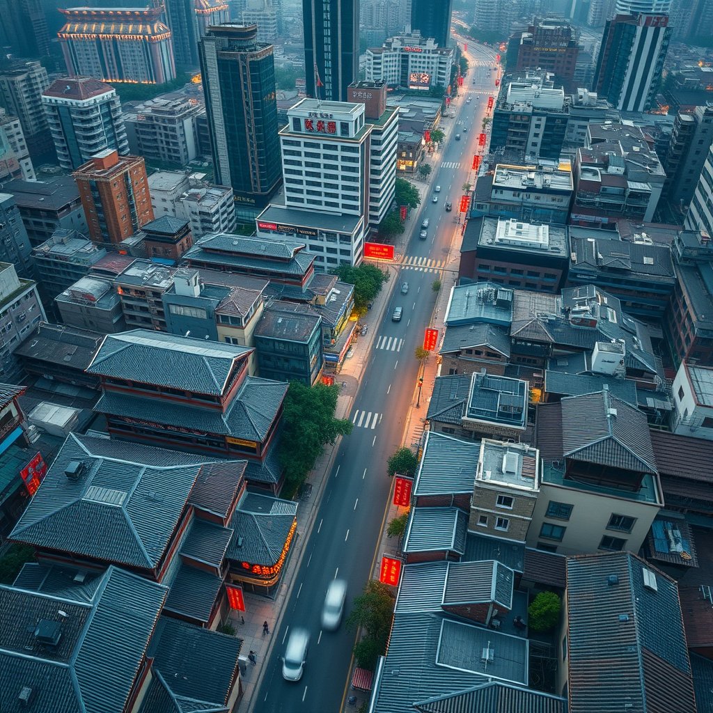Photorealistic civilian drone aerial photograph of a modern Chinese city district, 45-degree oblique view, natural daylight, realistic streets and rooftops, no text, no logo, no watermark, cinematic lighting, vibrant colors, dramatic atmosphere