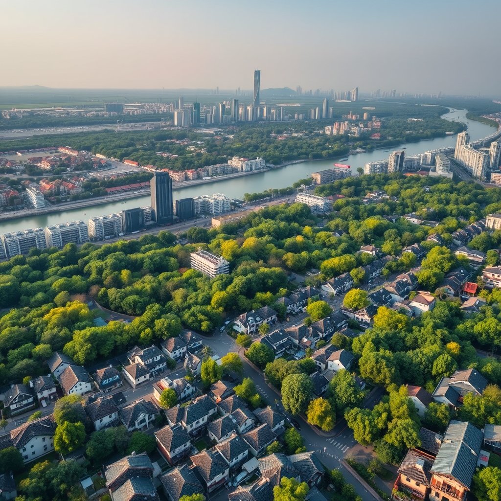 Photorealistic civilian drone aerial photo of Chengdu, with dense green tree canopy, low-rise neighborhoods, modern towers and river corridors. 45-degree oblique drone view, rooftops, roads and a layered skyline, soft morning daylight. Realistic Chinese architecture and terrain, believable scale. Conceptual, not onsite. No close people, aircraft, readable signs, text, logo, watermark, fantasy or extreme HDR., minimalist composition, clean background, elegant