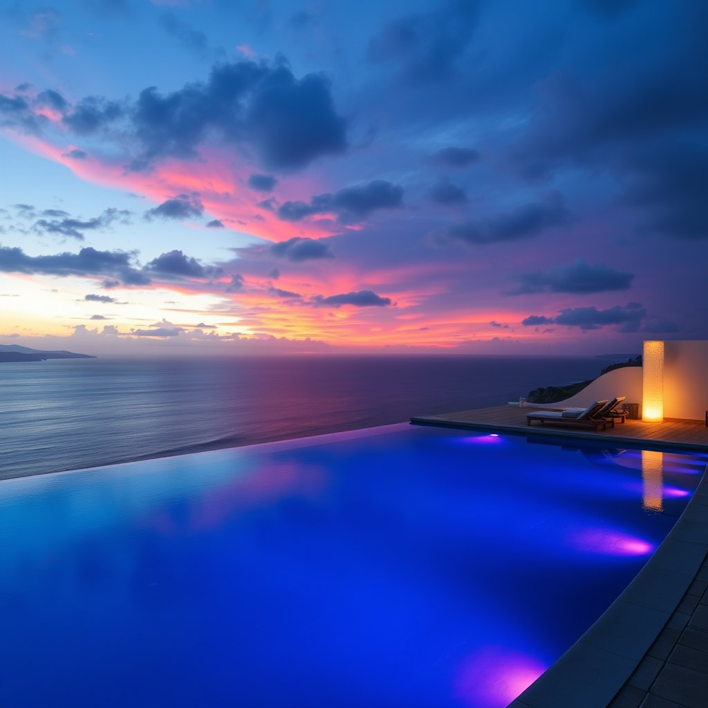 a beautiful infinity pool overlooking the ocean, cinematic lighting, vibrant colors, dramatic atmosphere