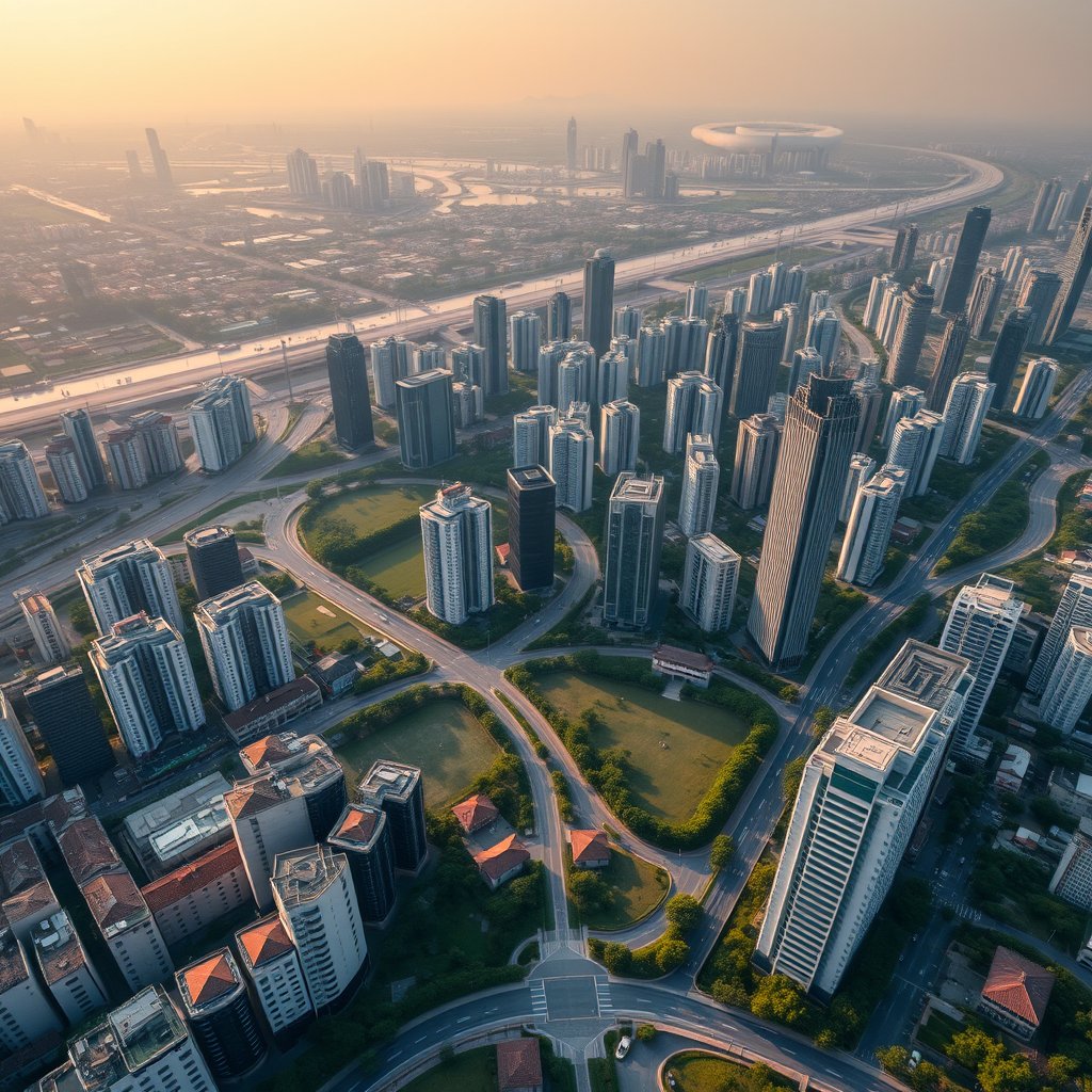 Photorealistic civilian drone aerial photo of Shenzhen, with contemporary towers, green urban parks, broad roads and a southern coastal atmosphere. 45-degree oblique drone view, rooftops, roads and a layered skyline, soft morning daylight. Realistic Chinese architecture and terrain, believable scale. Conceptual, not onsite. No close people, aircraft, readable signs, text, logo, watermark, fantasy or extreme HDR., golden hour lighting, warm tones, atmospheric