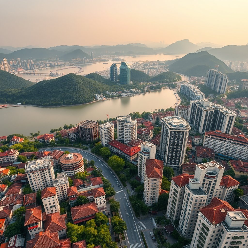 Photorealistic civilian drone aerial photo of Hangzhou, with West Lake atmosphere, waterways, green hills and elegant modern urban blocks. 45-degree oblique drone view, rooftops, roads and a layered skyline, soft morning daylight. Realistic Chinese architecture and terrain, believable scale. Conceptual, not onsite. No close people, aircraft, readable signs, text, logo, watermark, fantasy or extreme HDR., highly detailed, 8k, professional photography, sharp focus