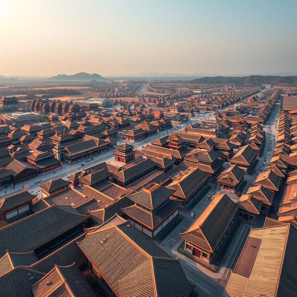 Photorealistic civilian drone aerial photo of Xi'an, with orderly city blocks, traditional roof forms, ancient-wall atmosphere and a dry northern landscape. 45-degree oblique drone view, rooftops, roads and a layered skyline, soft morning daylight. Realistic Chinese architecture and terrain, believable scale. Conceptual, not onsite. No close people, aircraft, readable signs, text, logo, watermark, fantasy or extreme HDR., ultra realistic, crisp details, studio quality