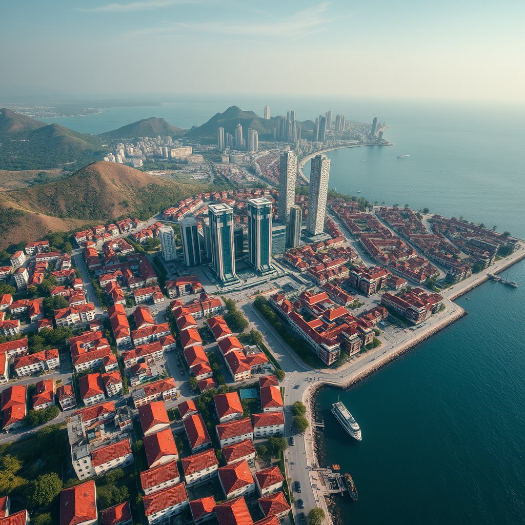Photorealistic civilian drone aerial photo of Qingdao, with coastal hills, red-roof neighborhoods, blue sea and modern waterfront towers. near-vertical top-down drone view, geometric streets, roofs, vegetation and water, natural midday light. Realistic Chinese architecture and terrain, believable scale. Conceptual, not onsite. No close people, aircraft, readable signs, text, logo, watermark, fantasy or extreme HDR., highly detailed, 8k, professional photography, sharp focus
