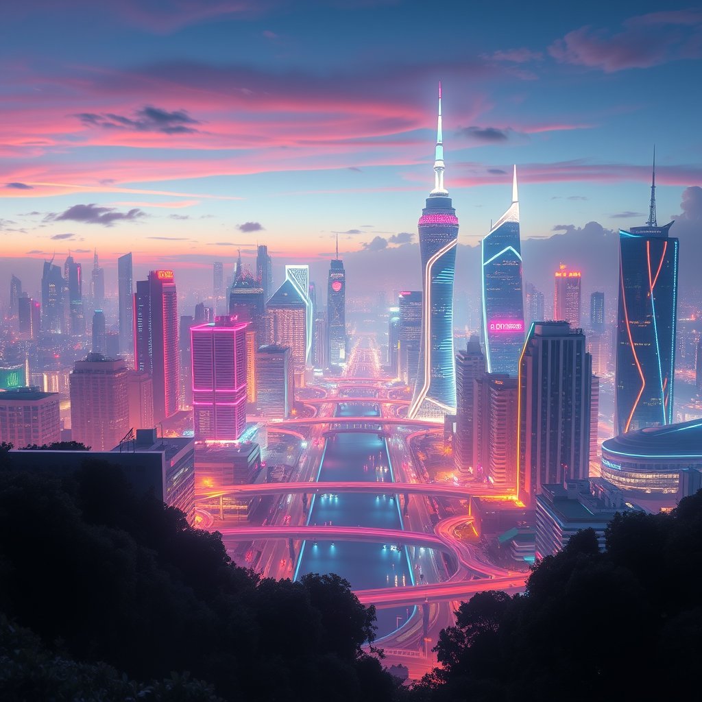 a futuristic city skyline at night with neon lights, bright and airy, pastel tones, dreamy aesthetic