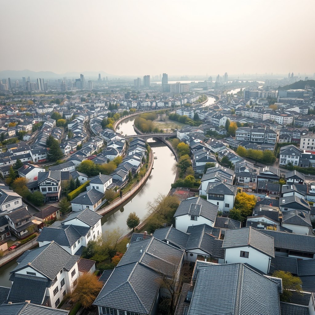 Photorealistic civilian drone aerial photo of Suzhou, with canals, white-walled gray-roof neighborhoods, gardens and modern city districts. 45-degree oblique drone view, rooftops, roads and a layered skyline, soft morning daylight. Realistic Chinese architecture and terrain, believable scale. Conceptual, not onsite. No close people, aircraft, readable signs, text, logo, watermark, fantasy or extreme HDR., ultra realistic, crisp details, studio quality
