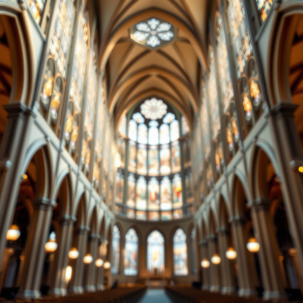 a grand cathedral interior with stained glass windows, soft natural light, shallow depth of field, bokeh