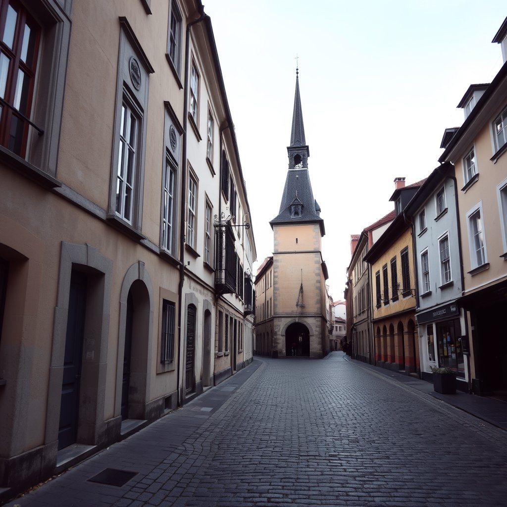 an old european cobblestone street with historic buildings, minimalist composition, clean background, elegant