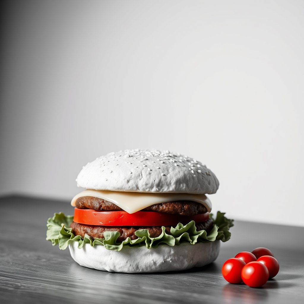 fast food blanc et rouge burger shot, minimalist composition, clean background, elegant