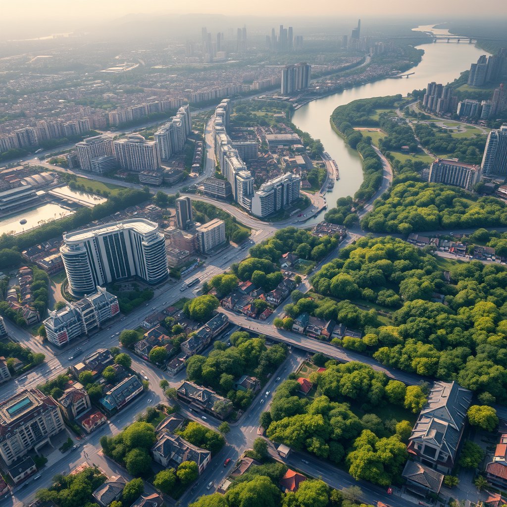 Photorealistic civilian drone aerial photo of Chengdu, with dense green tree canopy, low-rise neighborhoods, modern towers and river corridors. near-vertical top-down drone view, geometric streets, roofs, vegetation and water, natural midday light. Realistic Chinese architecture and terrain, believable scale. Conceptual, not onsite. No close people, aircraft, readable signs, text, logo, watermark, fantasy or extreme HDR., cinematic lighting, vibrant colors, dramatic atmosphere