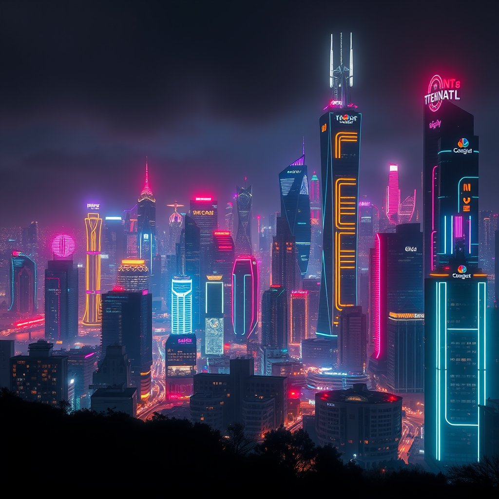 a futuristic city skyline at night with neon lights, cinematic lighting, vibrant colors, dramatic atmosphere