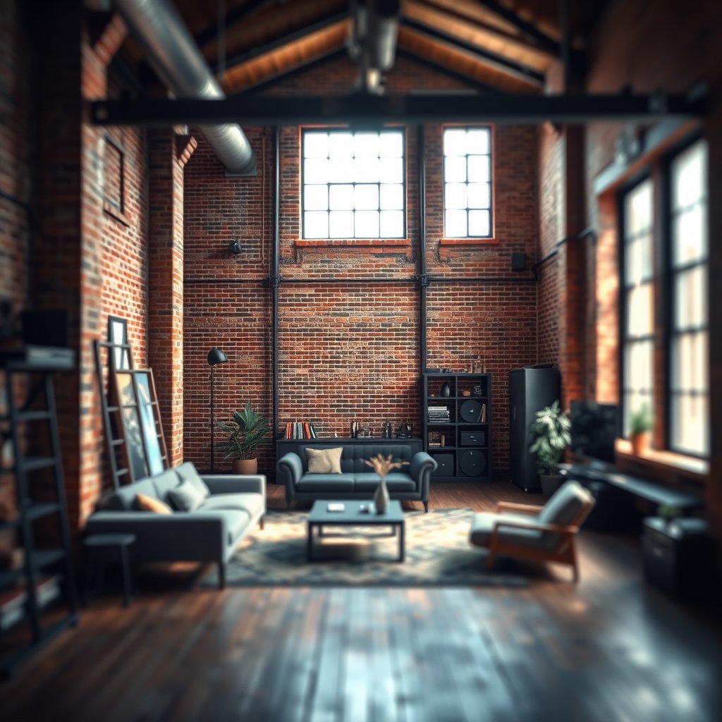 an industrial loft apartment with exposed brick walls, soft natural light, shallow depth of field, bokeh