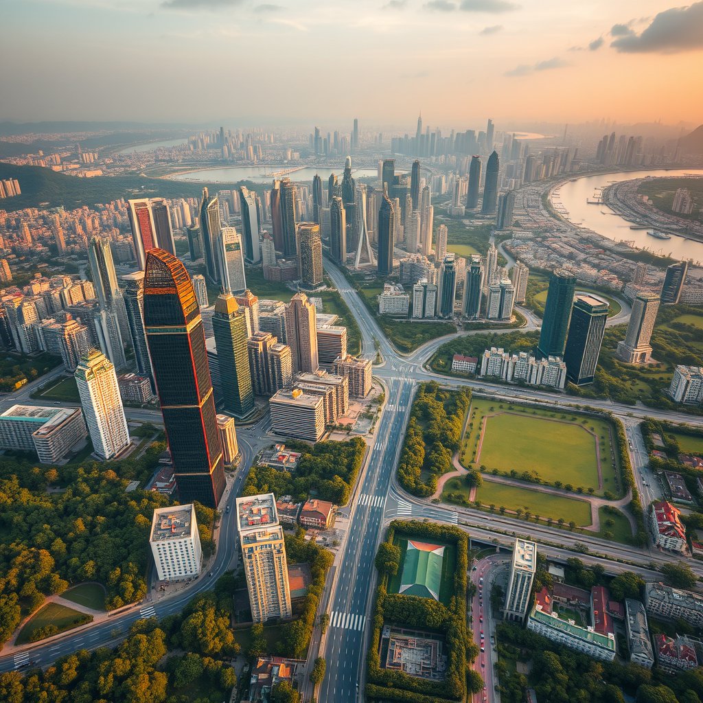 Photorealistic civilian drone aerial photo of Shenzhen, with contemporary towers, green urban parks, broad roads and a southern coastal atmosphere. high wide drone panorama, neighborhoods, landscape and skyline, happy golden-hour light. Realistic Chinese architecture and terrain, believable scale. Conceptual, not onsite. No close people, aircraft, readable signs, text, logo, watermark, fantasy or extreme HDR., cinematic lighting, vibrant colors, dramatic atmosphere