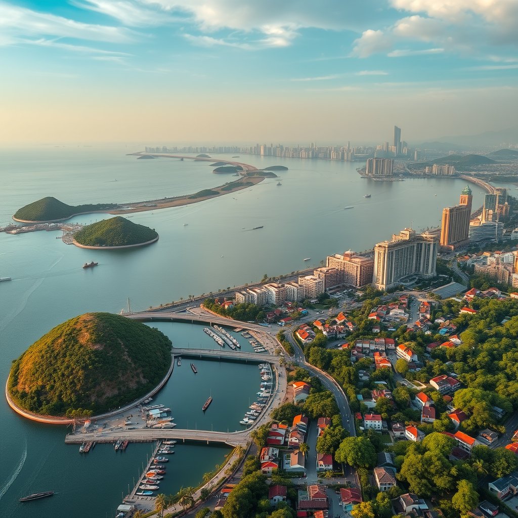 Photorealistic civilian drone aerial photo of Xiamen, with island coastline, tropical greenery, sea bridges and compact waterfront neighborhoods. high wide drone panorama, neighborhoods, landscape and skyline, happy golden-hour light. Realistic Chinese architecture and terrain, believable scale. Conceptual, not onsite. No close people, aircraft, readable signs, text, logo, watermark, fantasy or extreme HDR., cinematic lighting, vibrant colors, dramatic atmosphere